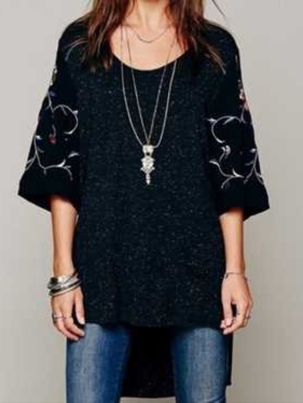 Free People BlackFloral Embroidered Tunic Tee, Size Medium